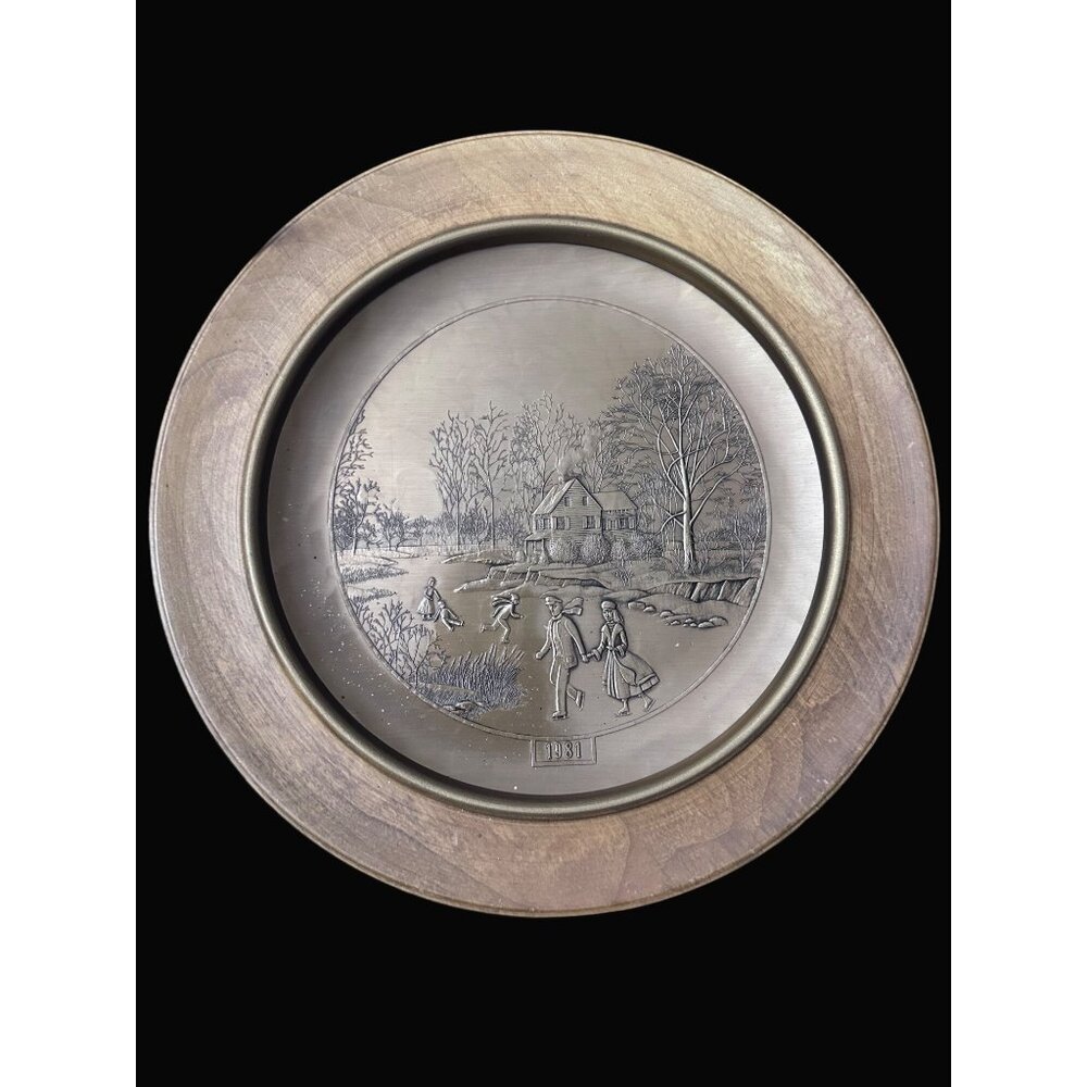 Wendell August Forge ice skating scene 1981 Bronze Plate‎ With Walnut Wood Frame